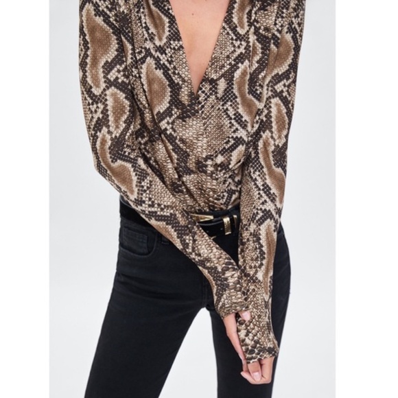Zara Long Sleeve Brown Snakeskin Body Suit - Picture 1 of 7